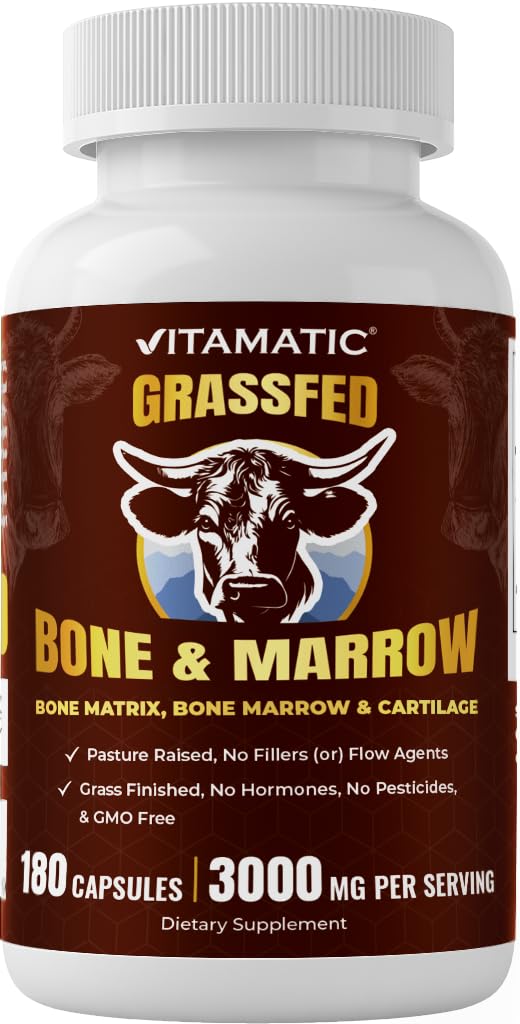 Vitamatic Grass-Fed Beef Bone & Marrow bottle with capsules for daily vitality.