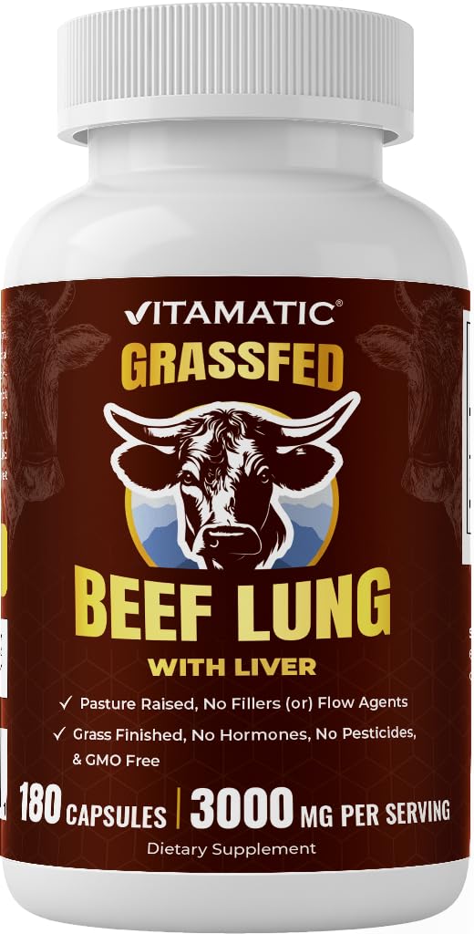 Vitamatic grass-fed beef lung with liver bottle shows clean ingredients for a fuss-free daily supplement