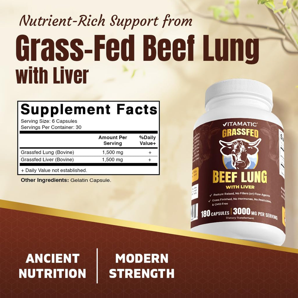 Vitamatic grass-fed beef lung with liver capsules closeup highlights freeze-dried potency