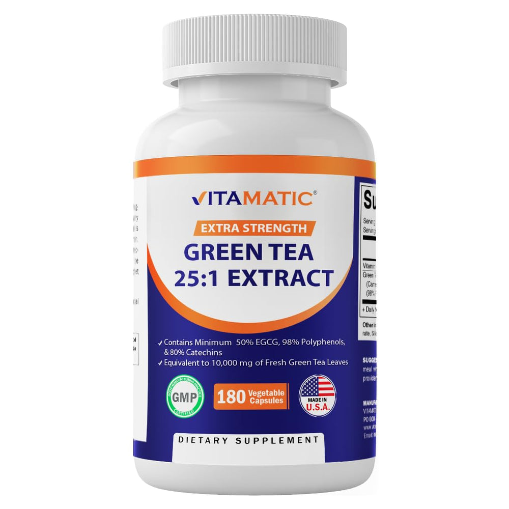 Vitamatic Green Tea Extract bottle highlights 25x concentration for daily antioxidant support