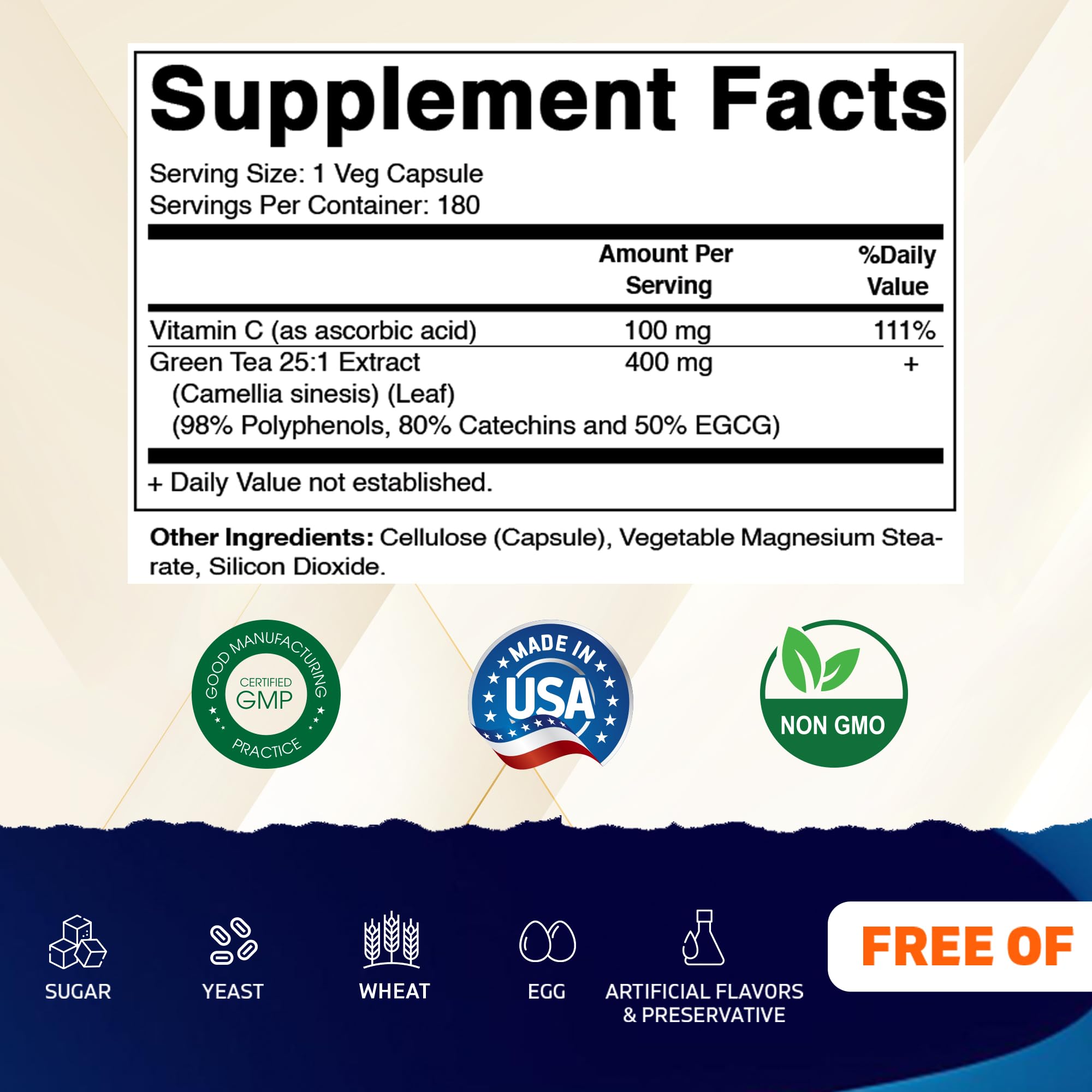 Vitamatic Green Tea Extract capsules shown for convenient vegan daily intake