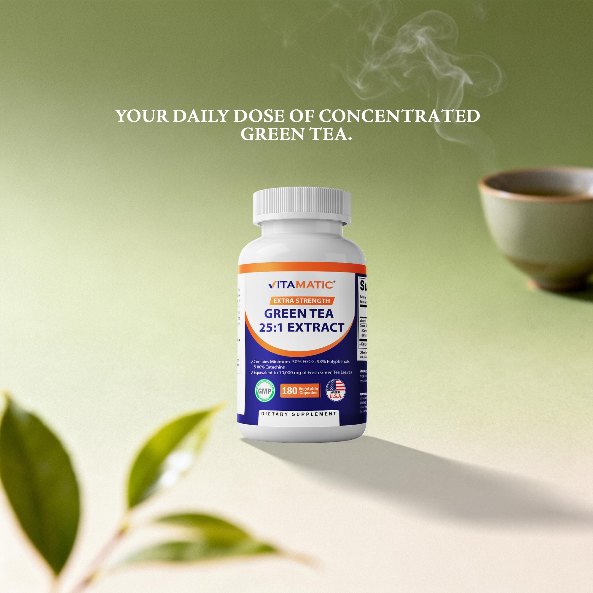 Vitamatic Green Tea Extract ingredients panel highlights catechins and polyphenols