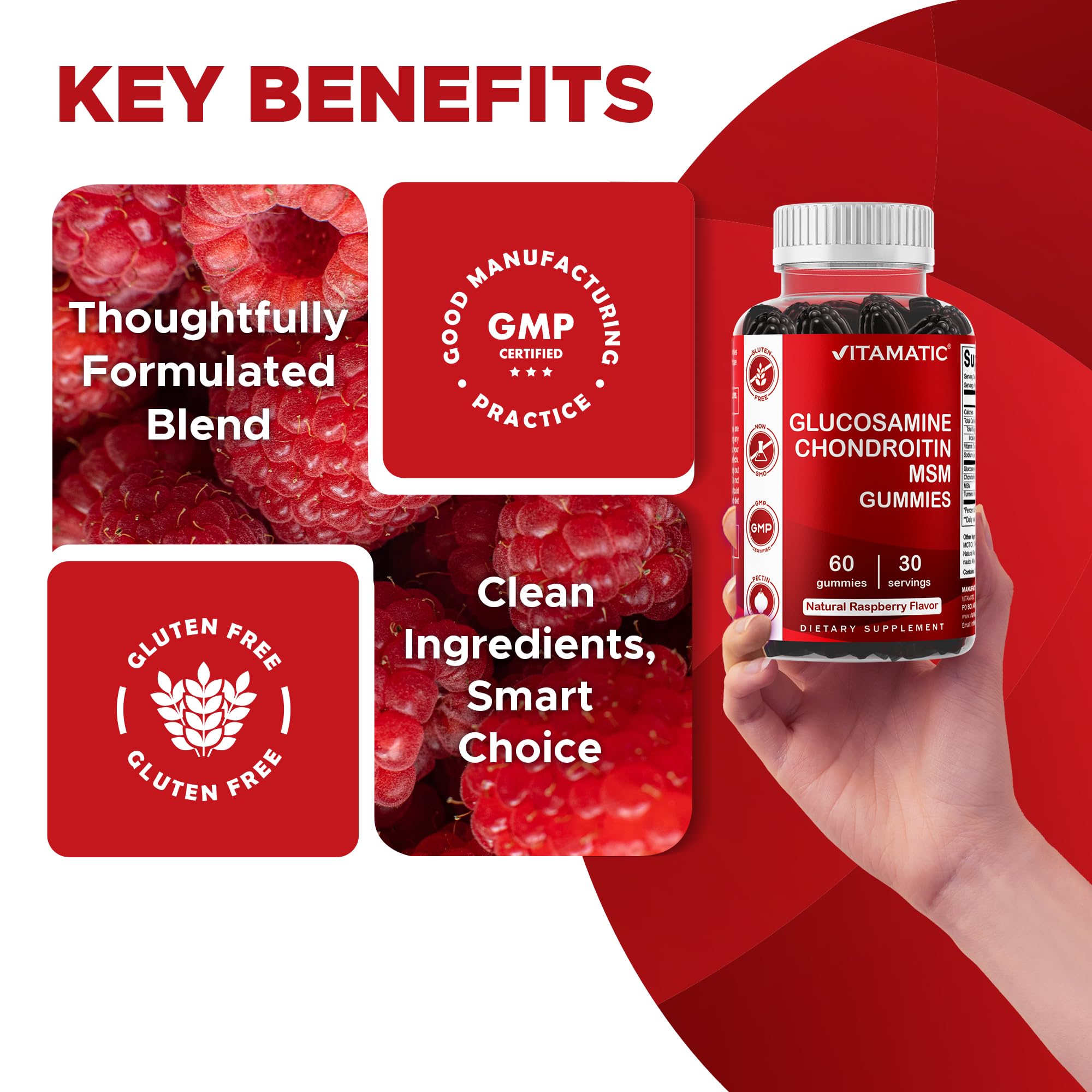 Vitamatic gummies pouring from bottle, convenient daily dose.