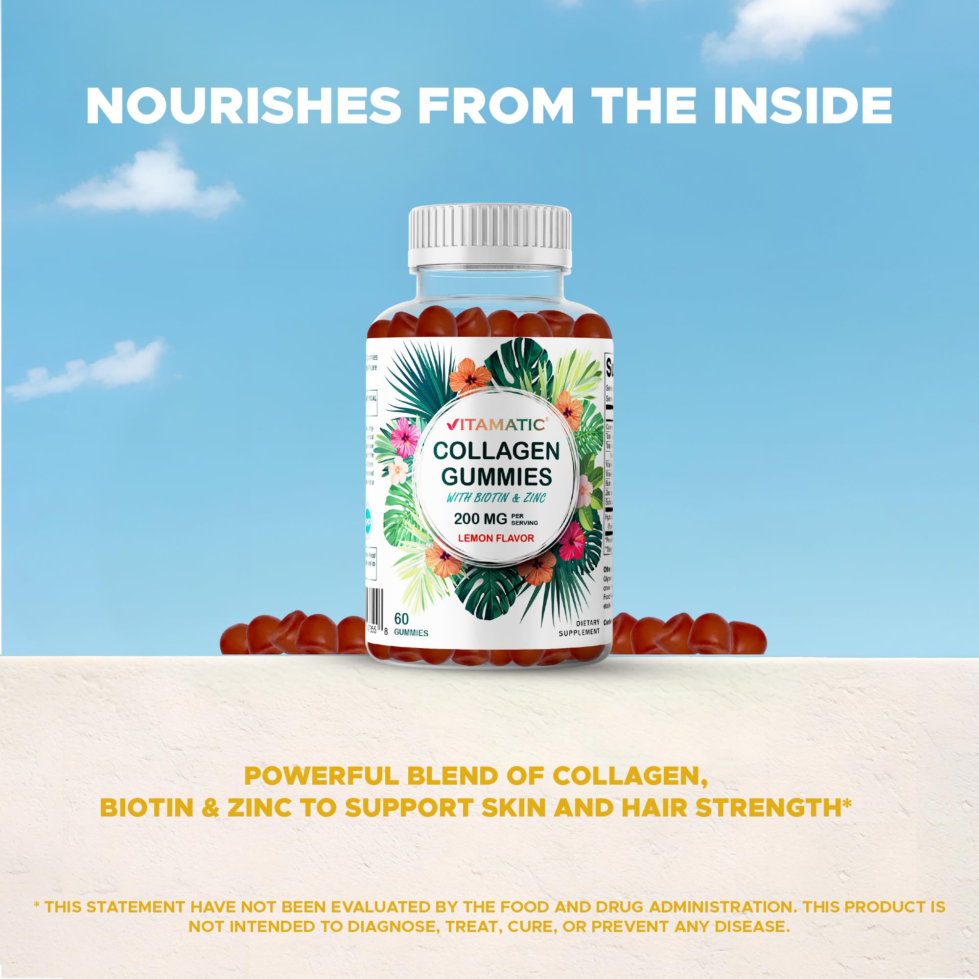 Vitamatic hydrolyzed collagen gummies nutrition label shows vitamin C, zinc, and biotin.