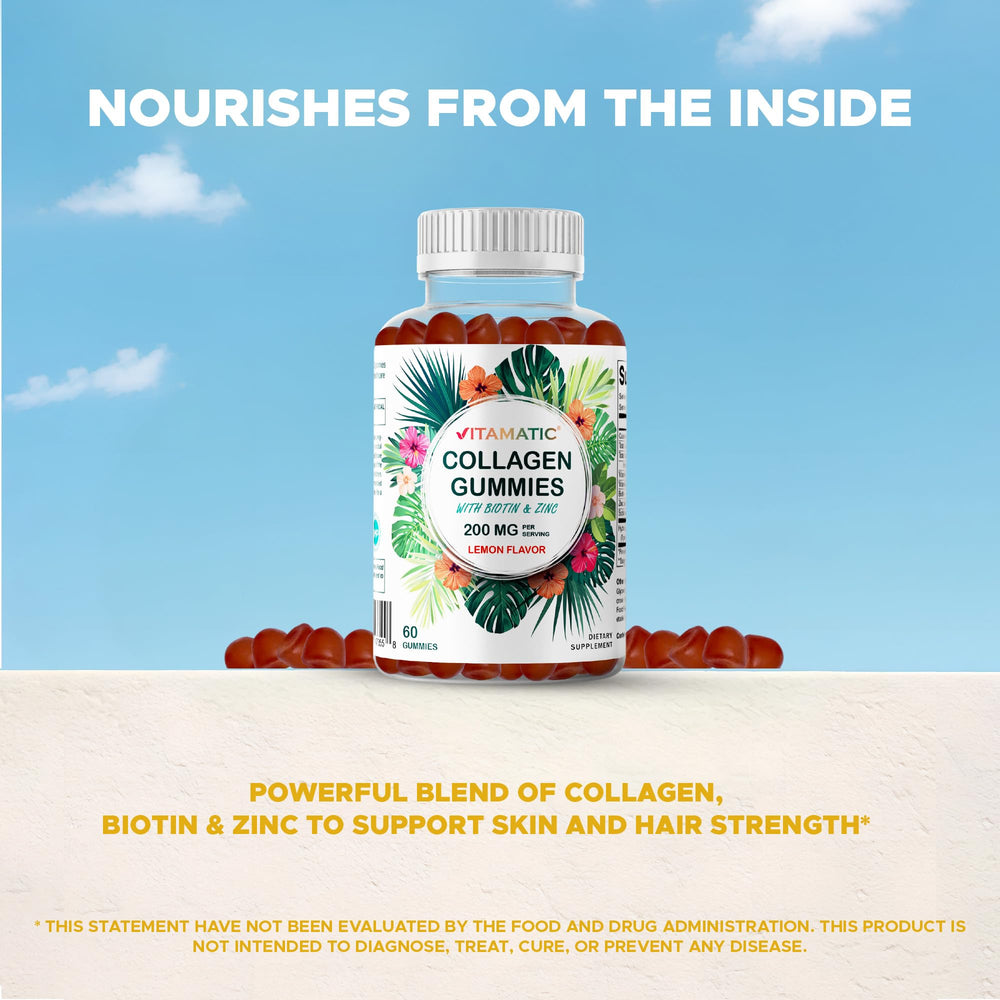 Vitamatic hydrolyzed collagen gummies nutrition label shows vitamin C, zinc, and biotin.