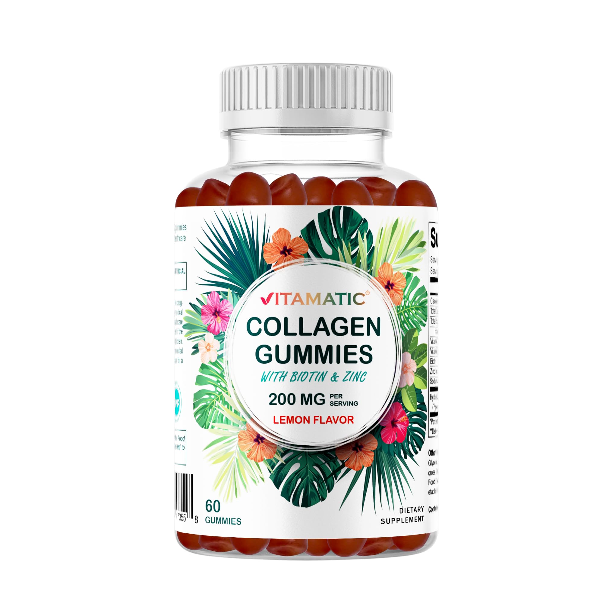 Vitamatic hydrolyzed collagen gummies bottle front shows tropical flavor and daily use appeal