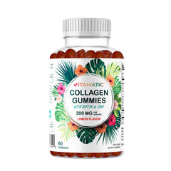 Vitamatic hydrolyzed collagen gummies bottle front shows tropical flavor and daily use appeal