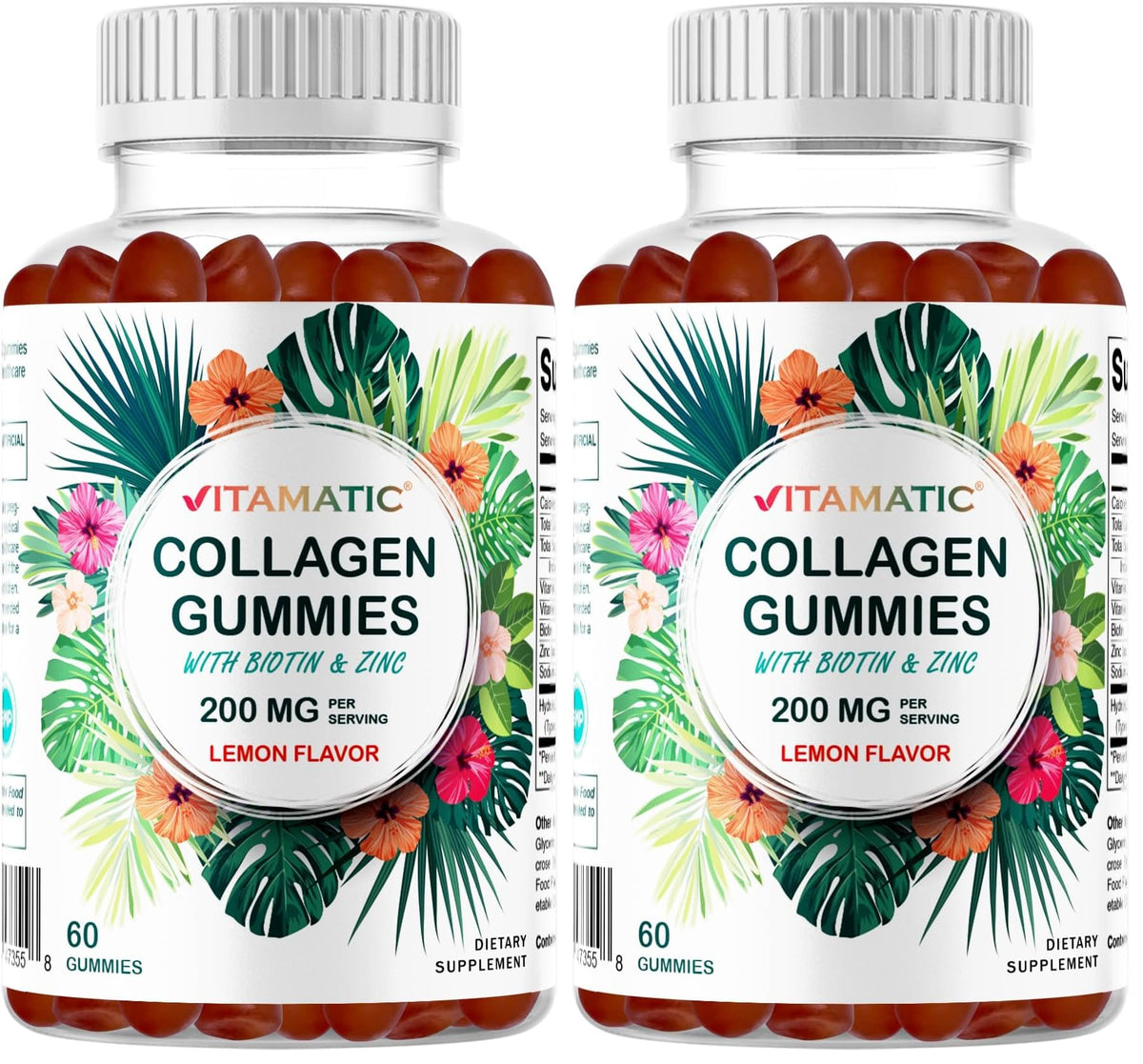 Vitamatic hydrolyzed collagen gummies bottle with tropical flavor for daily skin and hair support.