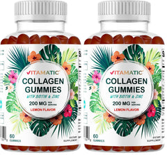 Vitamatic hydrolyzed collagen gummies bottle with tropical flavor for daily skin and hair support.