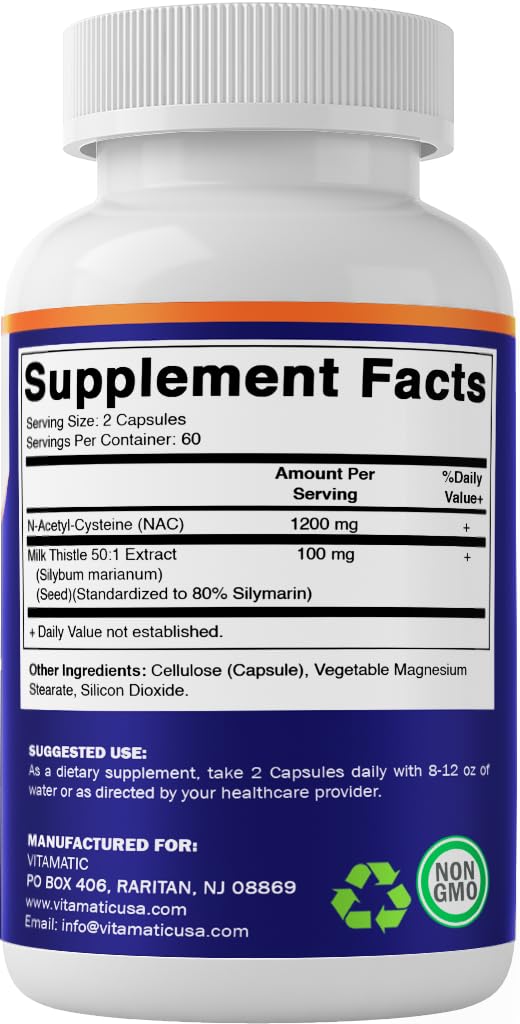 Vitamatic ingredient panel close up showing NAC and Milk Thistle