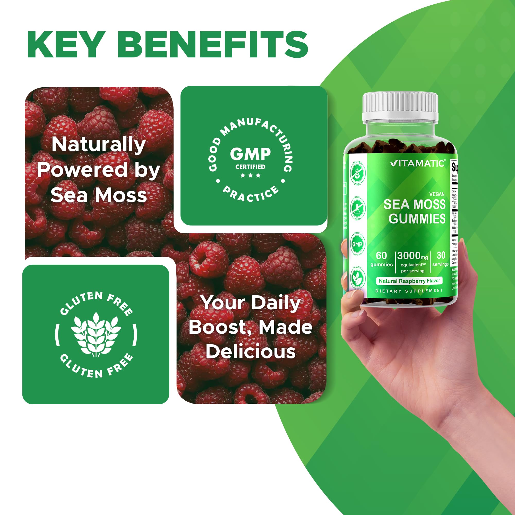Vitamatic Irish Sea Moss Gummies 60-count bottle for convenient daily serving.