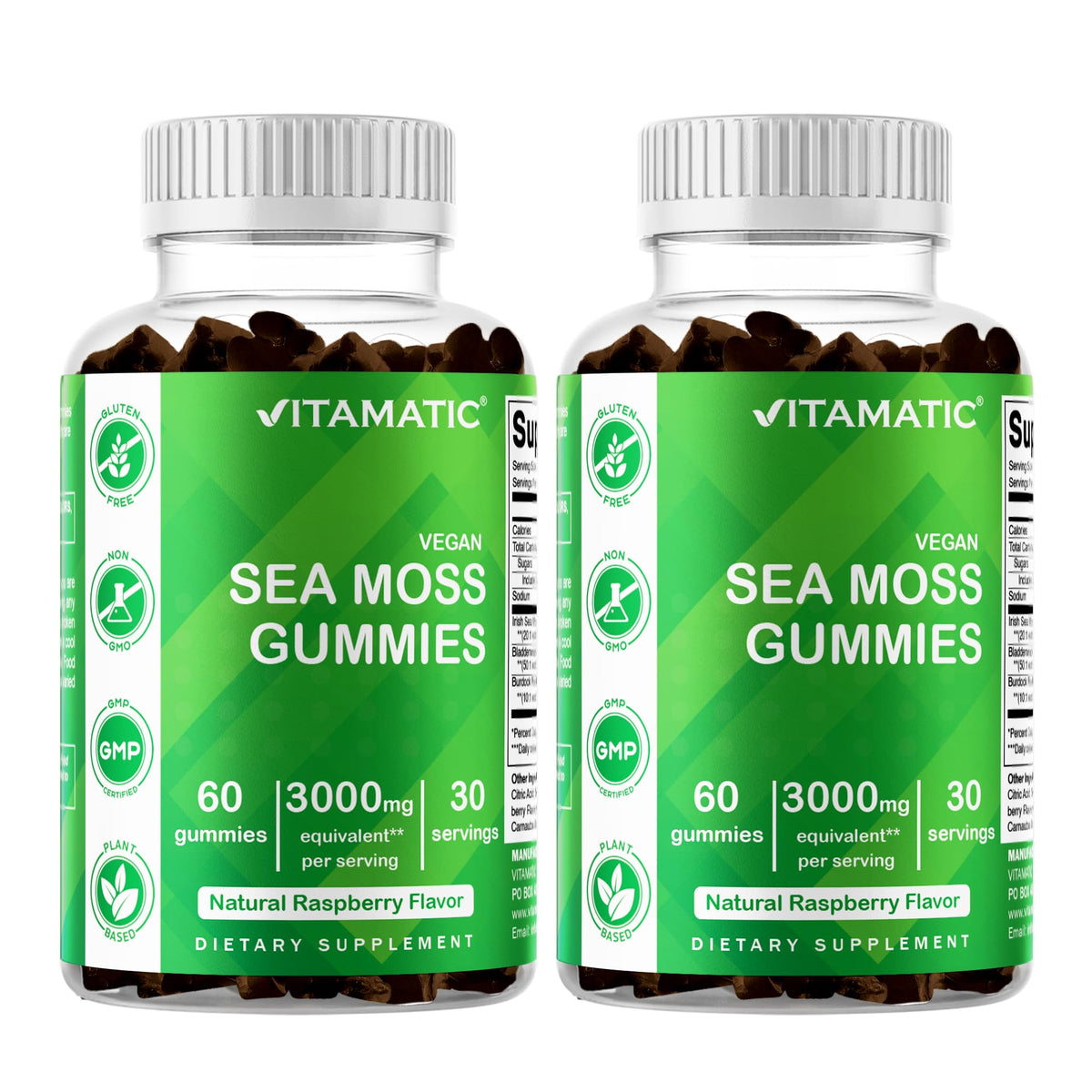 Vitamatic Irish Sea Moss Gummies raspberry bottle for daily wellness.