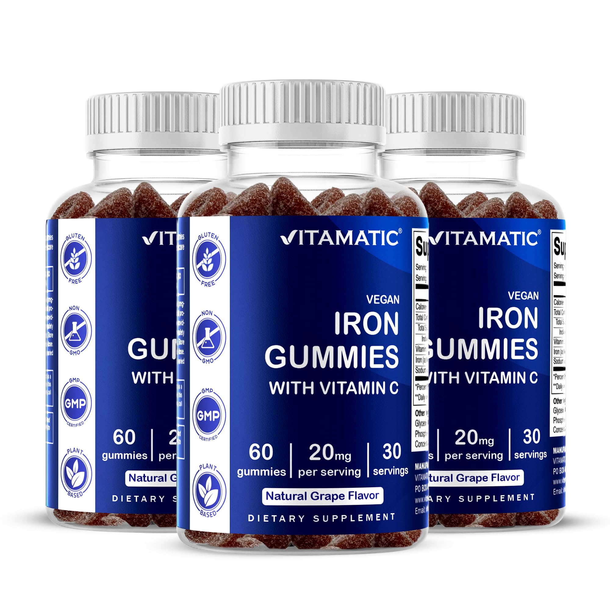 Vitamatic Iron Gummies bottle front shows grape flavor and daily iron support