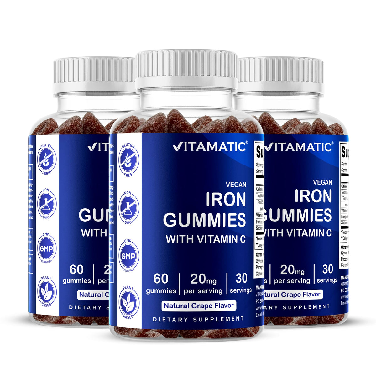 Vitamatic Iron Gummies bottle front shows grape flavor and daily iron support