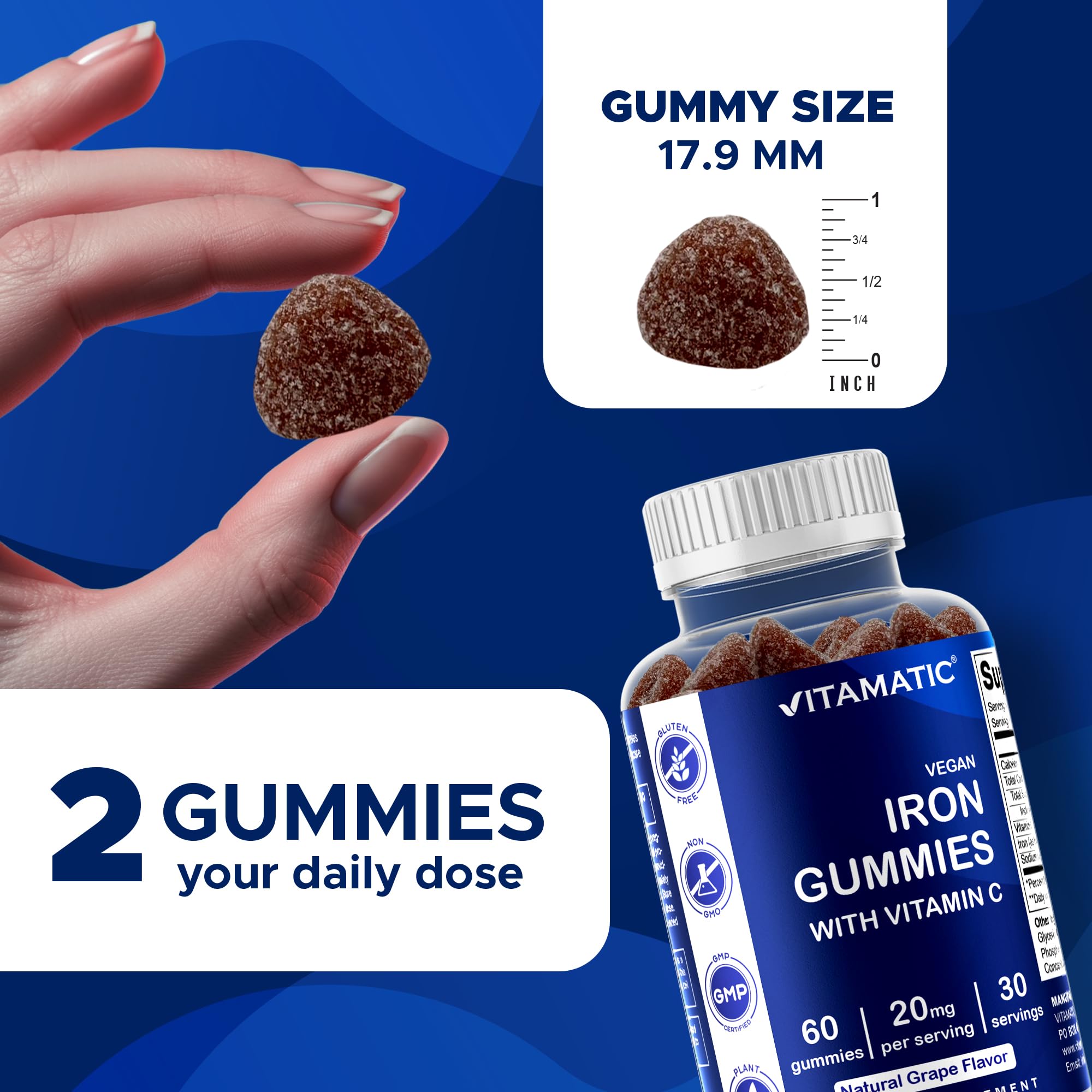 Vitamatic Iron Gummies ingredients panel highlights vegan pectin and allergen-free formula
