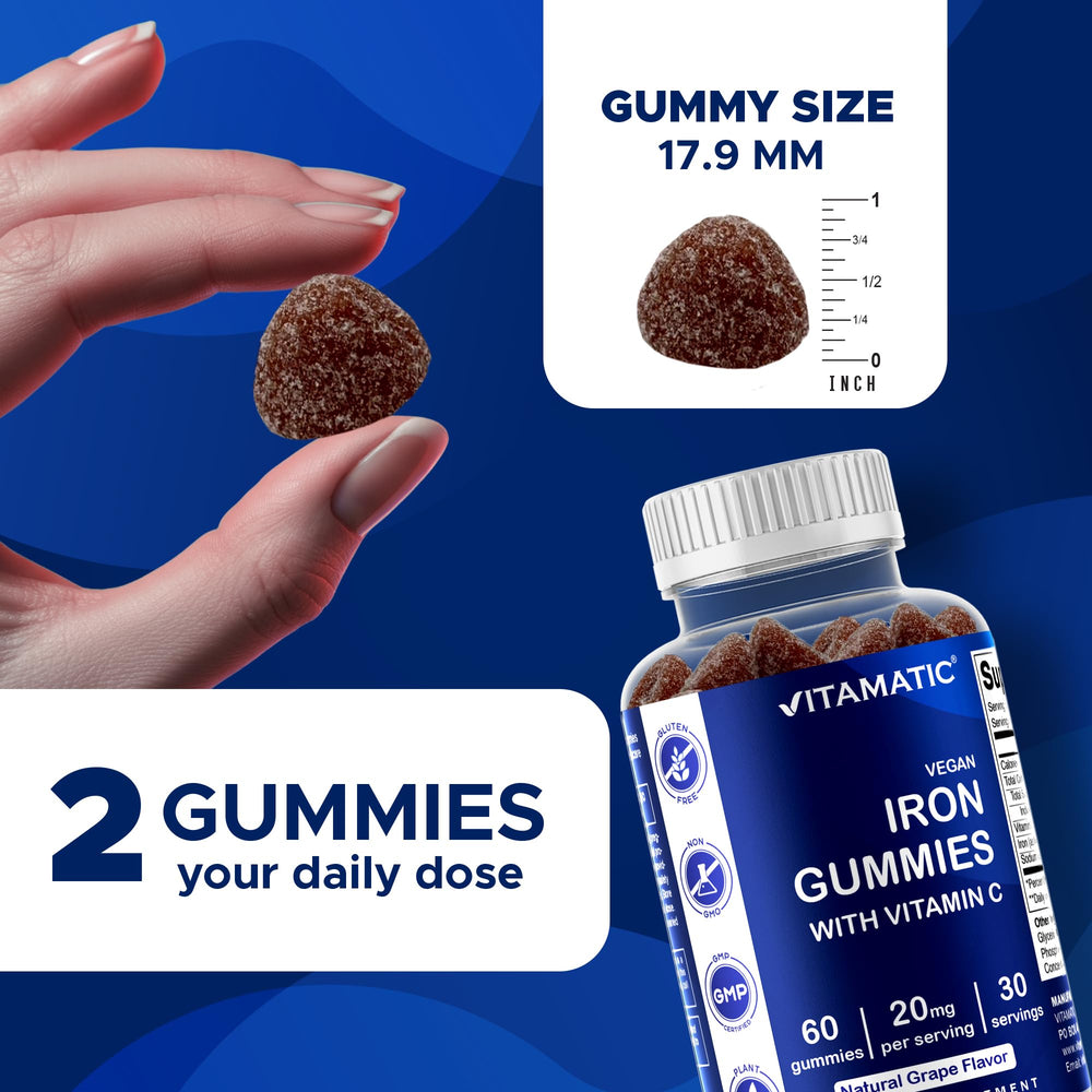 Vitamatic Iron Gummies ingredients panel highlights vegan pectin and allergen-free formula