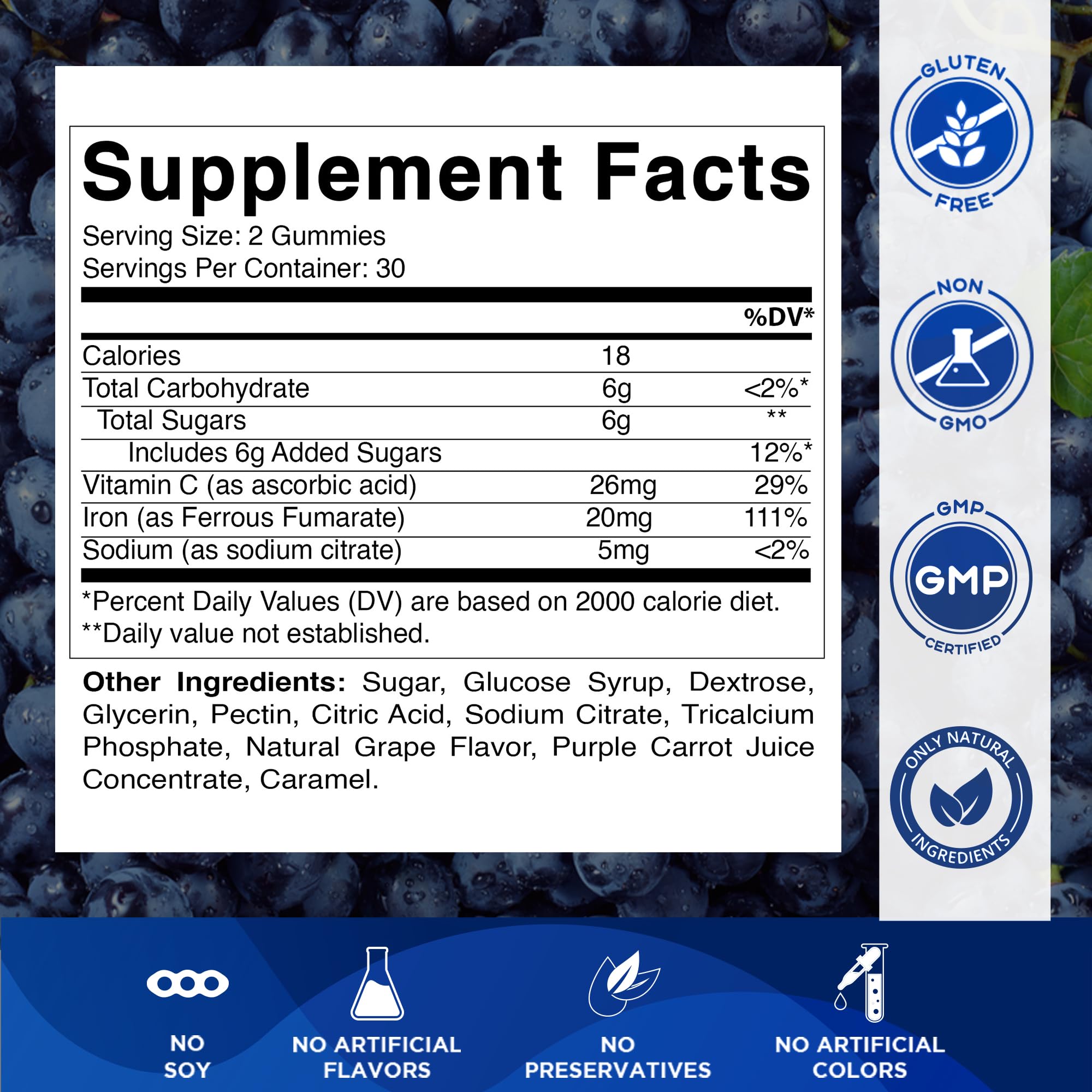 Vitamatic Iron Gummies natural grape flavor close-up demonstrates tasty iron intake