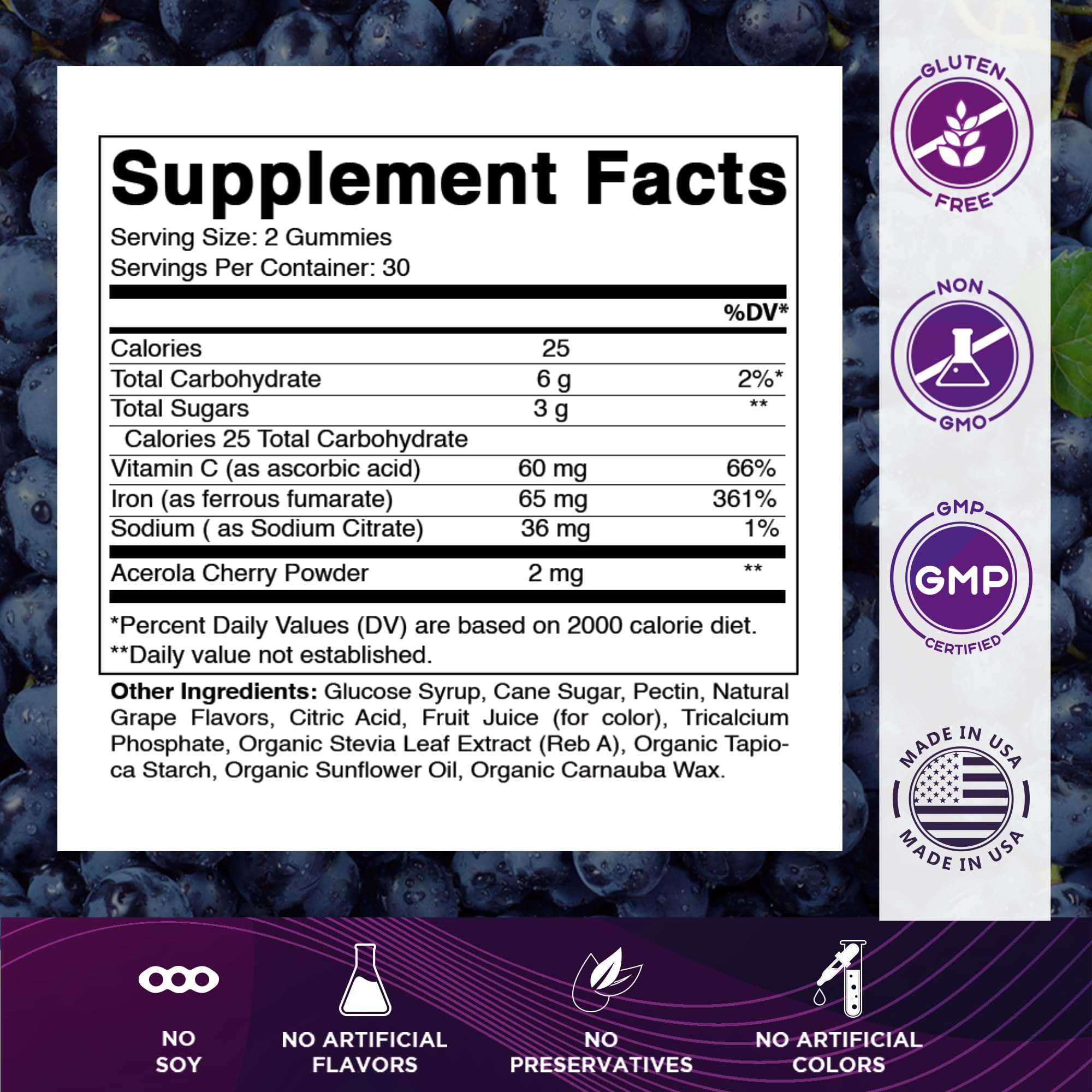 Vitamatic Iron gummies bottle close-up highlighting grape flavor.