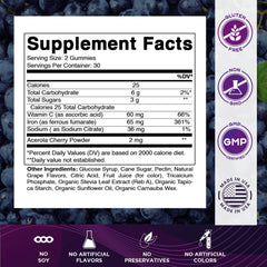 Vitamatic Iron gummies bottle close-up highlighting grape flavor.