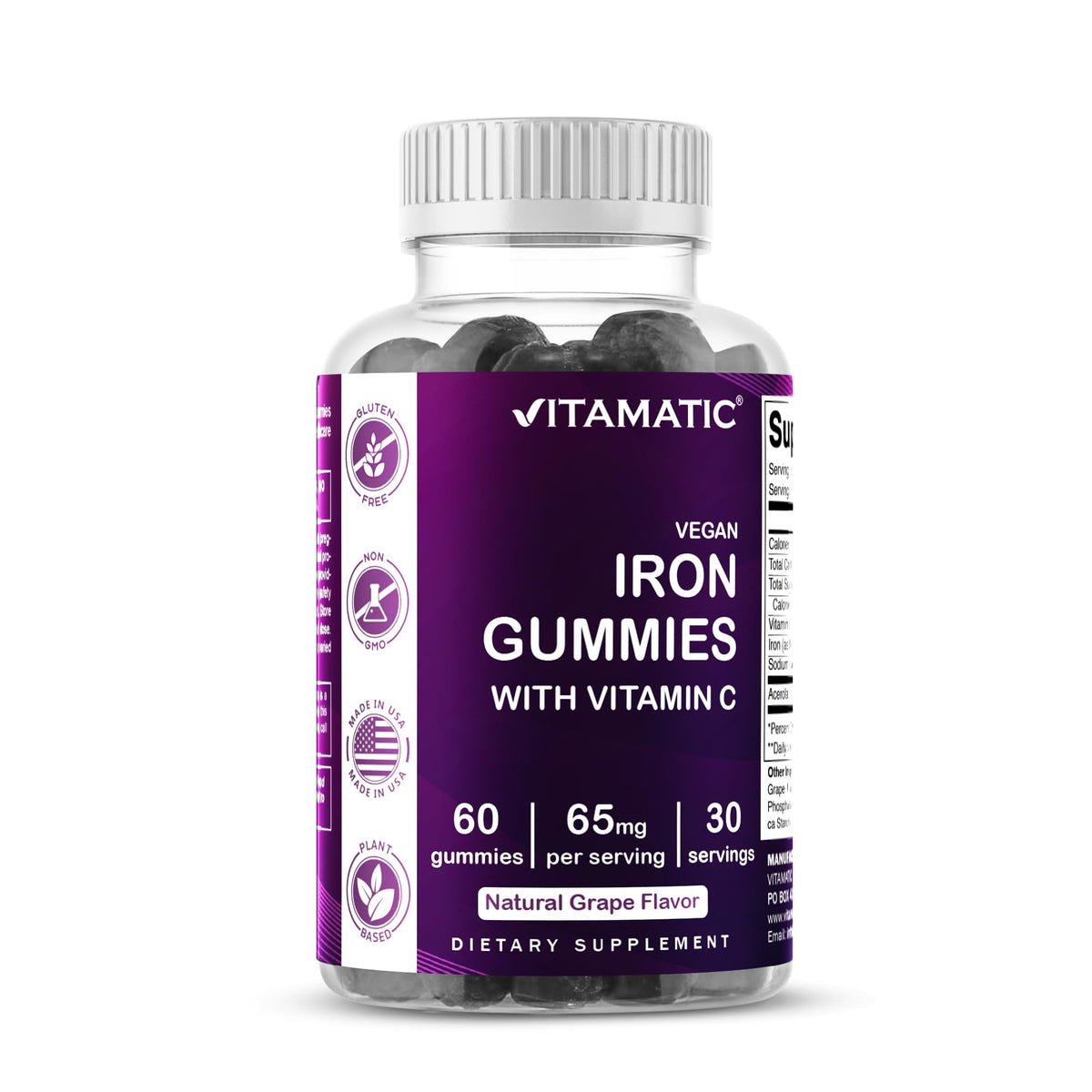 Vitamatic Iron 65 mg gummies bottle front label for daily iron support.