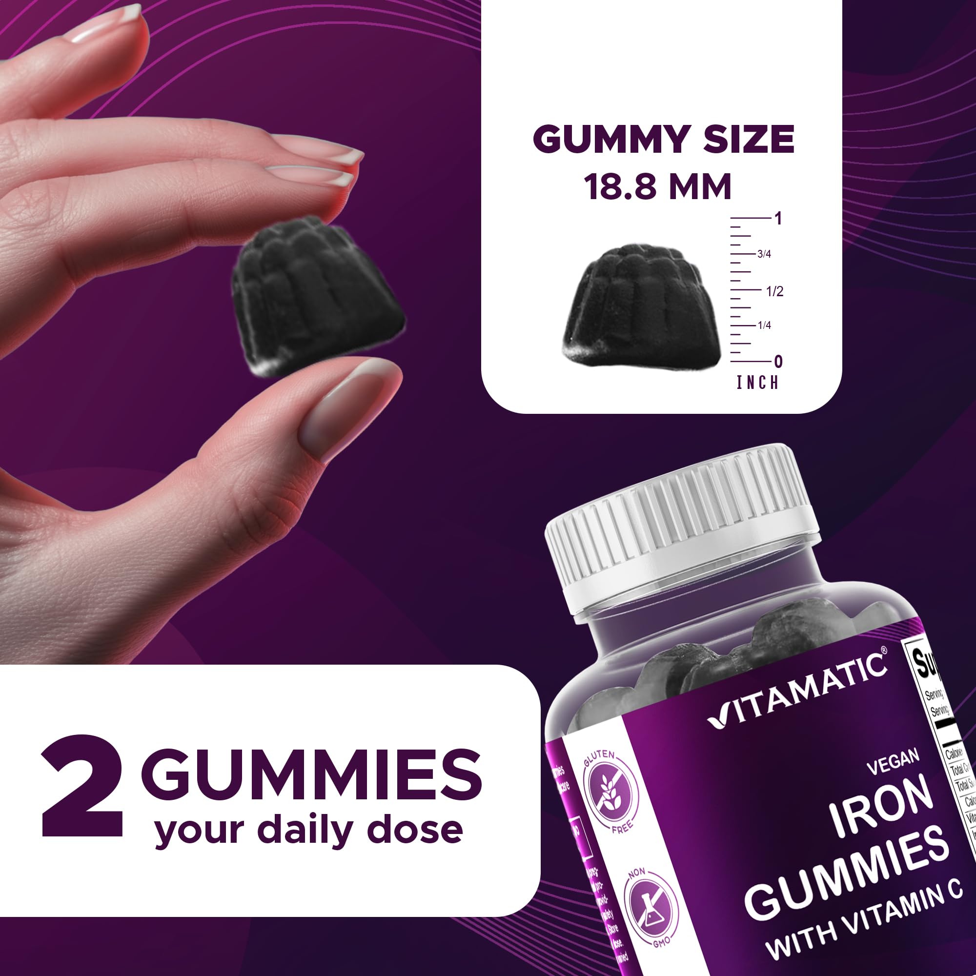 Vitamatic Iron gummies chewable texture close-up for easy consumption.