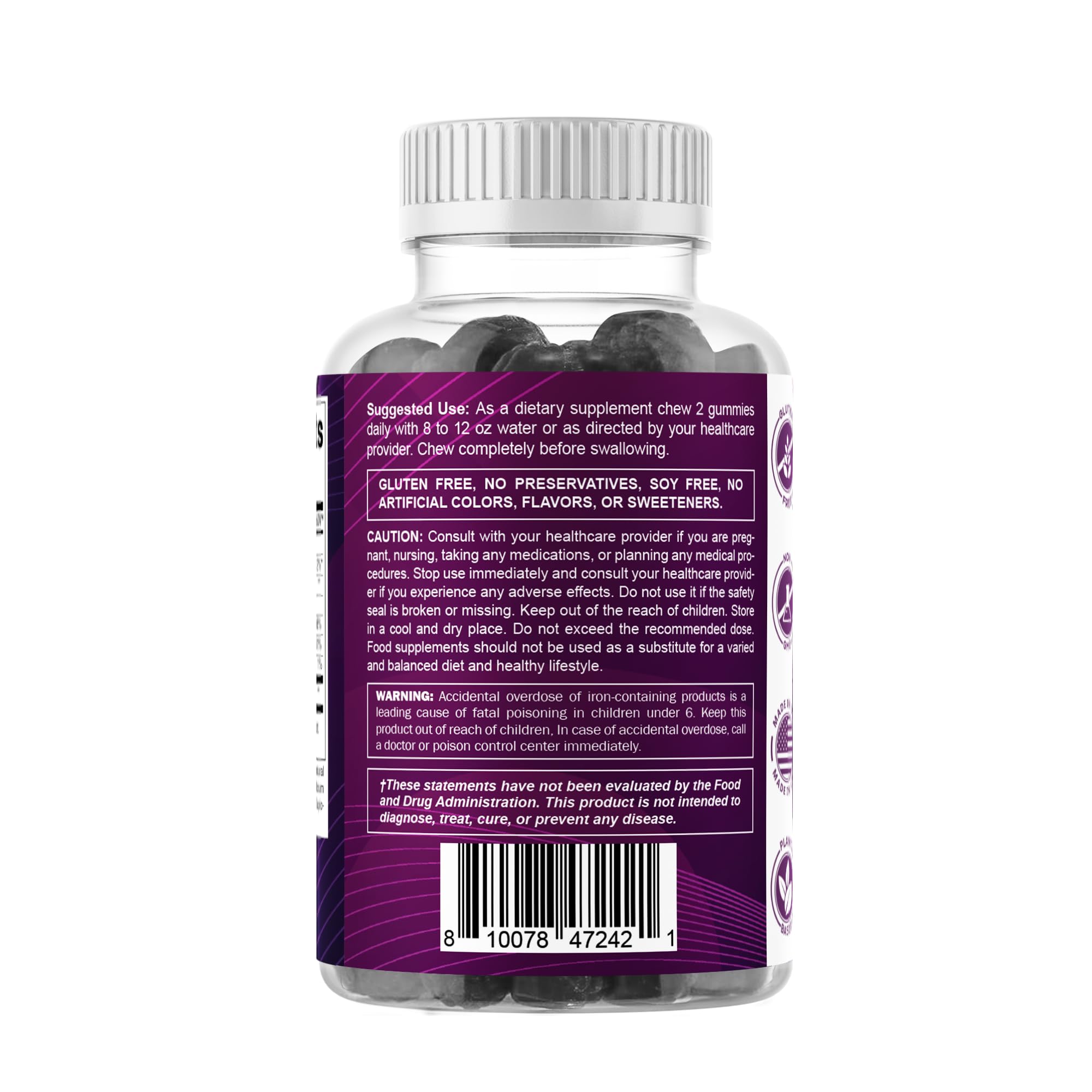 Vitamatic Iron gummies on desk with water for daily routine.