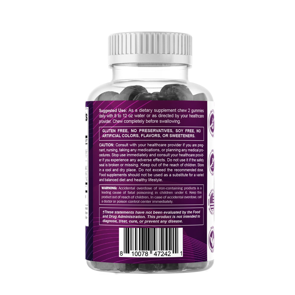 Vitamatic Iron gummies on desk with water for daily routine.