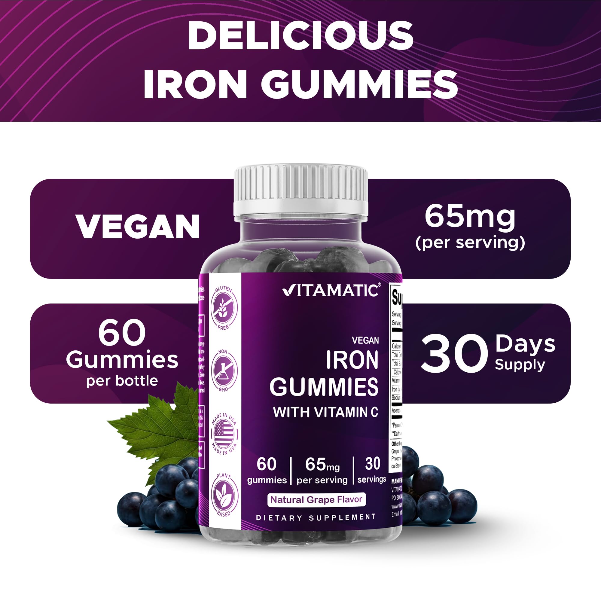 Vitamatic Iron gummies packaging with Vitamin C badge on display.