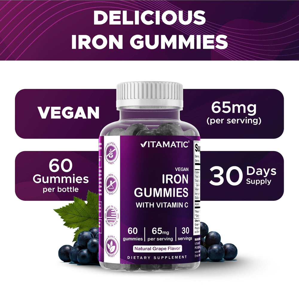 Vitamatic Iron gummies packaging with Vitamin C badge on display.