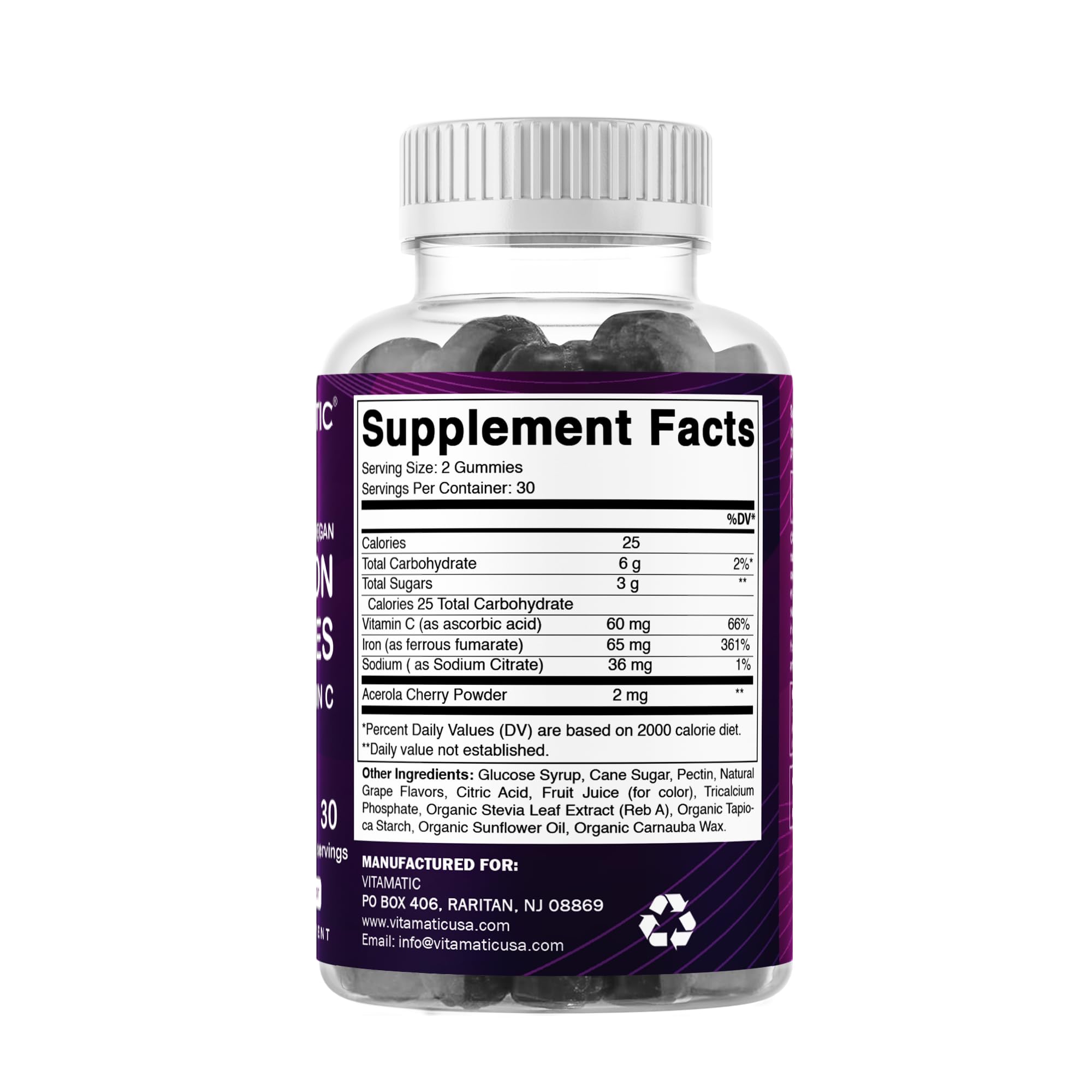 Vitamatic Iron gummies serving size illustration for daily use.