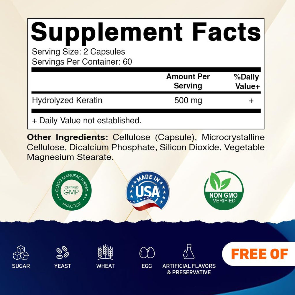 Closeup of Vitamatic keratin capsules highlighting vegetarian-friendly formula