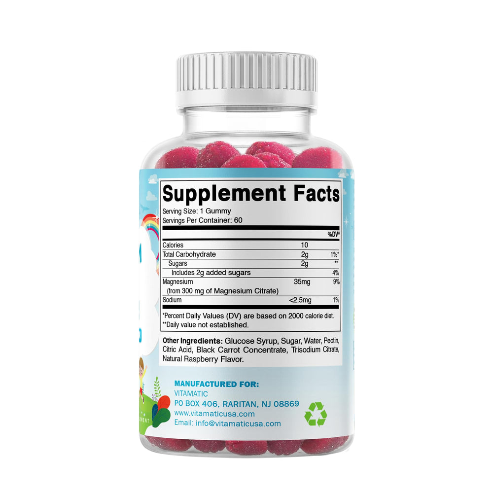 Vitamatic Kids Magnesium Calm Gummies raspberry flavor label close-up for easy recognition.