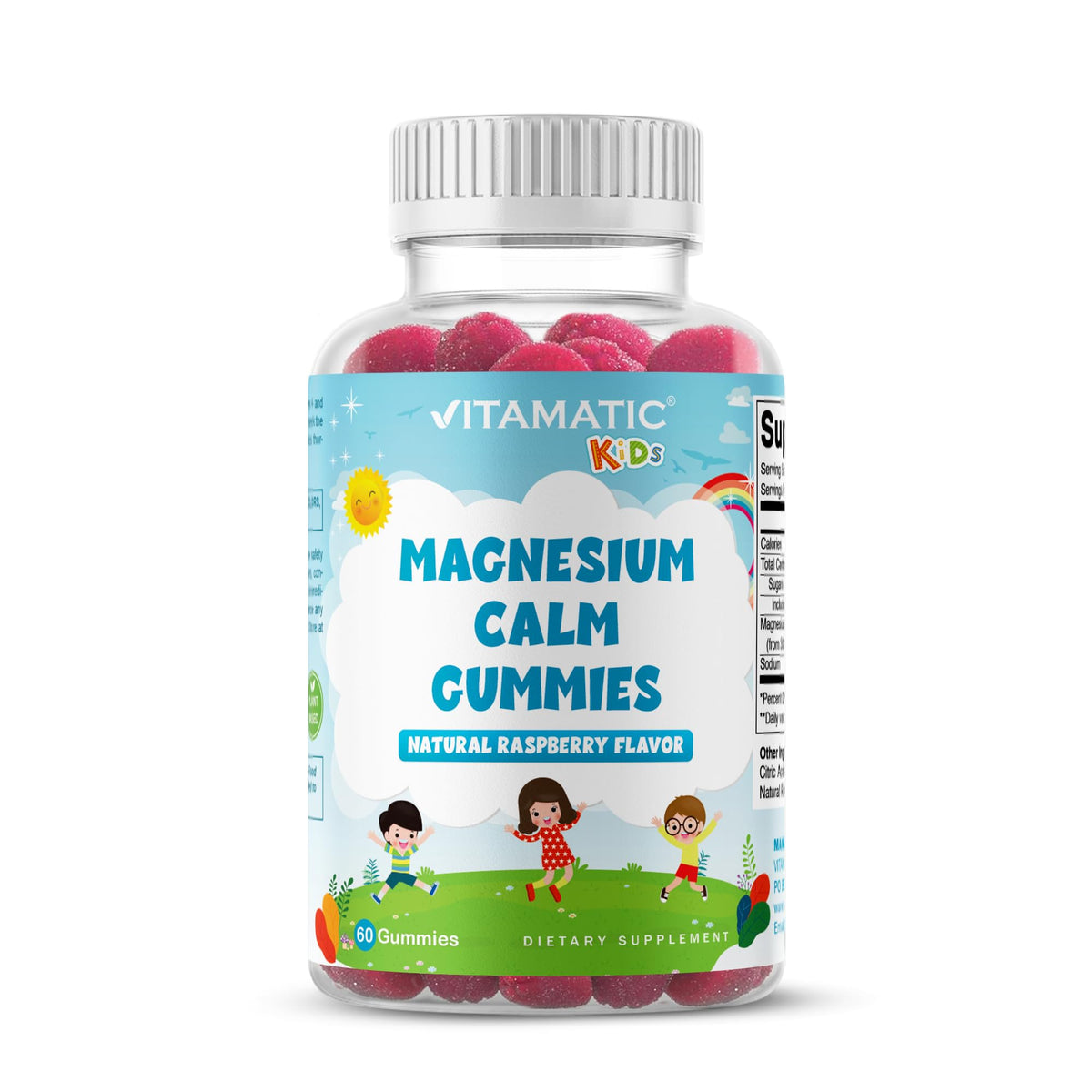 Vitamatic Kids Magnesium Calm Gummies bottle with raspberry flavor for daily kid-friendly use