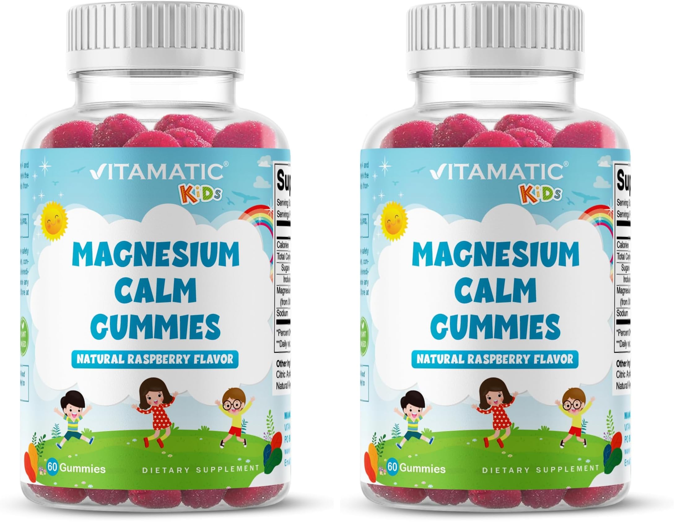 Vitamatic Kids Magnesium Calm Gummies raspberry flavor bottle supports daily wellness.