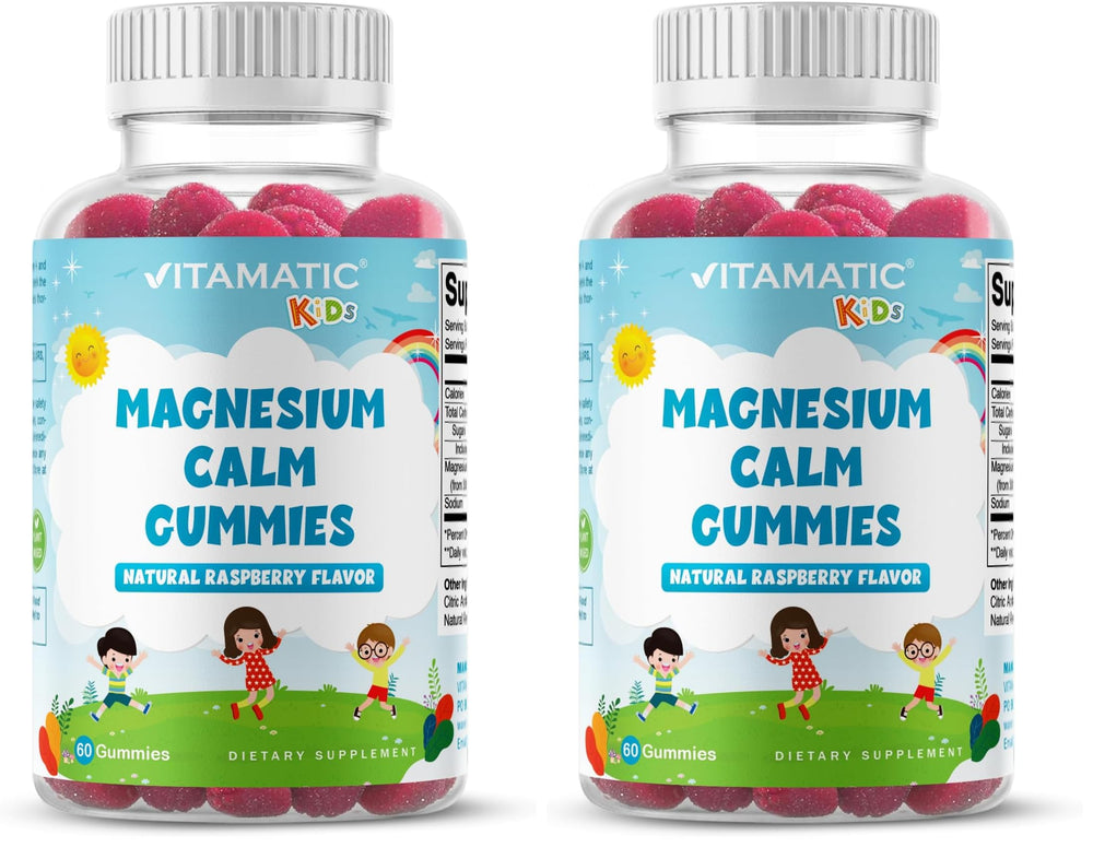 Vitamatic Kids Magnesium Calm Gummies raspberry flavor bottle supports daily wellness.