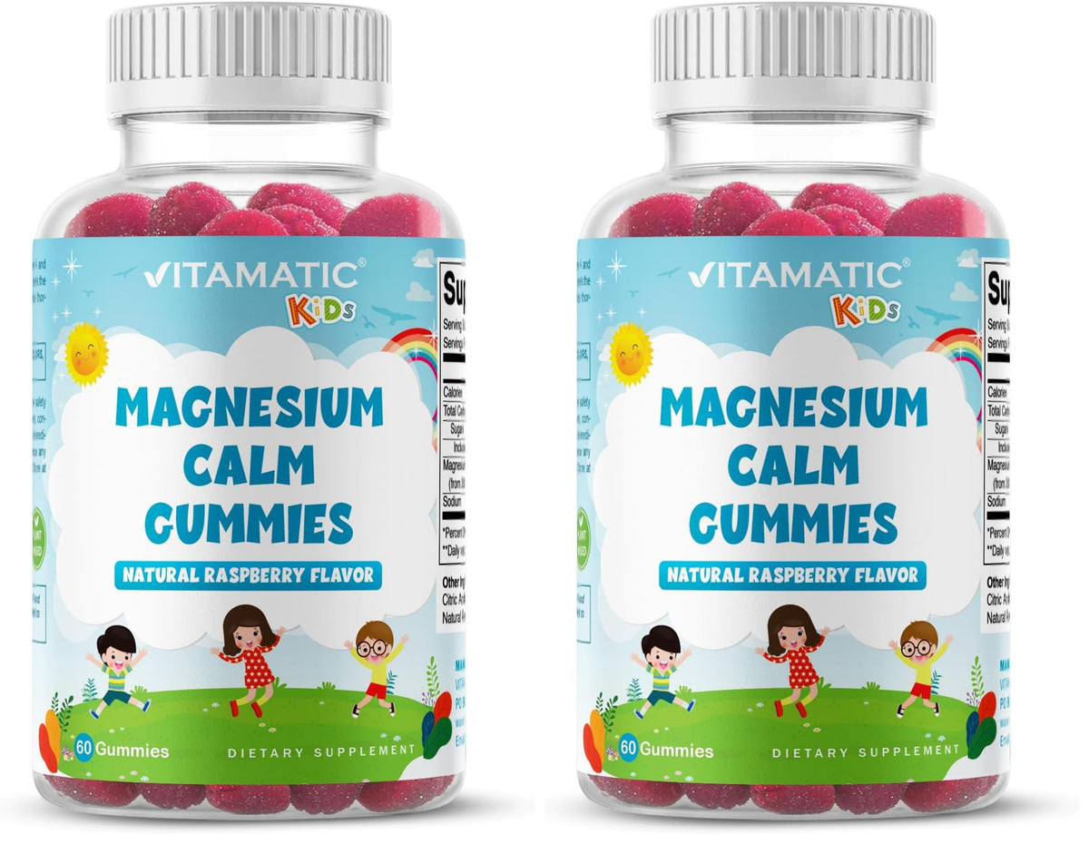 Vitamatic Kids Magnesium Calm Gummies raspberry flavor bottle supports daily wellness.