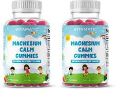 Vitamatic Kids Magnesium Calm Gummies raspberry flavor bottle supports daily wellness.