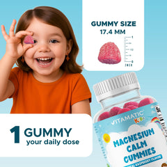 Vitamatic Kids Magnesium Calm Gummies serving poured for easy daily routine and calm afternoons.