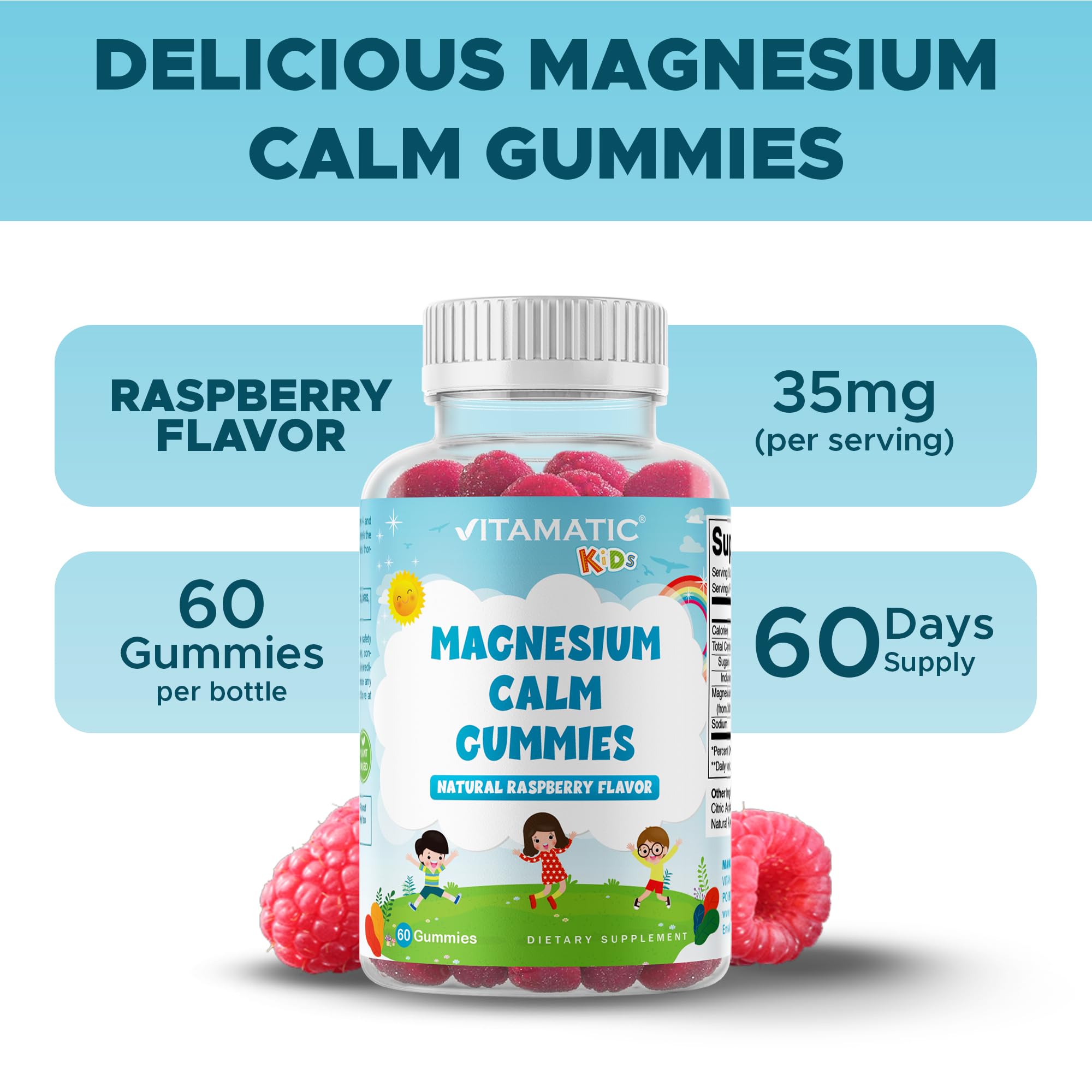 Vitamatic Kids Magnesium Calm Gummies two-pack display highlighting vegan formula for daily use.