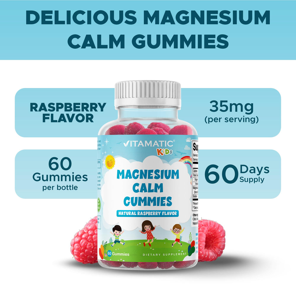 Vitamatic Kids Magnesium Calm Gummies two-pack display highlighting vegan formula for daily use.