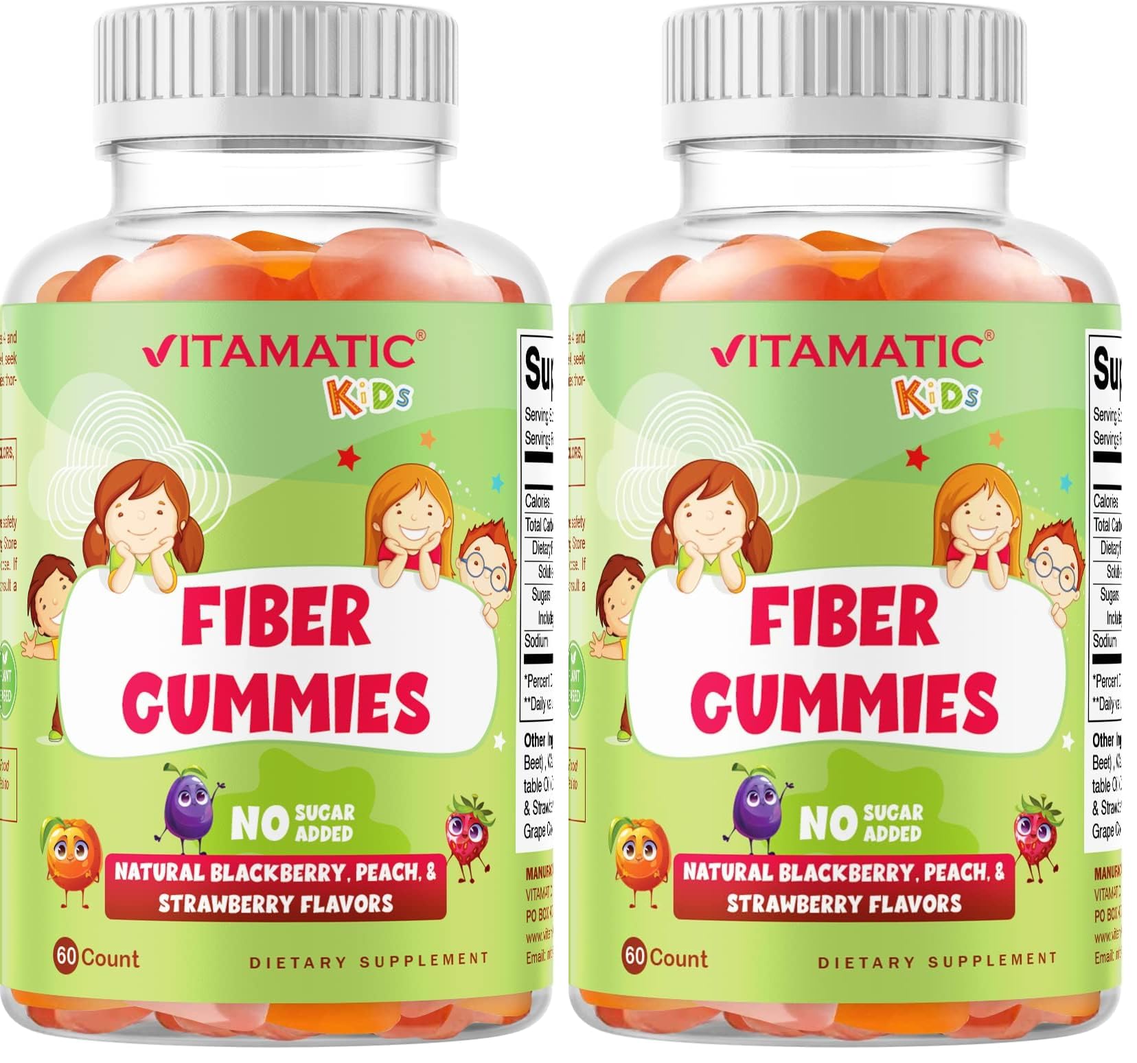 Vitamatic Kids Prebiotic Fiber Gummies bottle showing flavors and 4 g fiber per pack.
