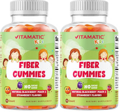 Vitamatic Kids Prebiotic Fiber Gummies bottle showing flavors and 4 g fiber per pack.
