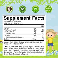 Gummies close-up highlighting chewy texture and beet-derived fiber for gut support.