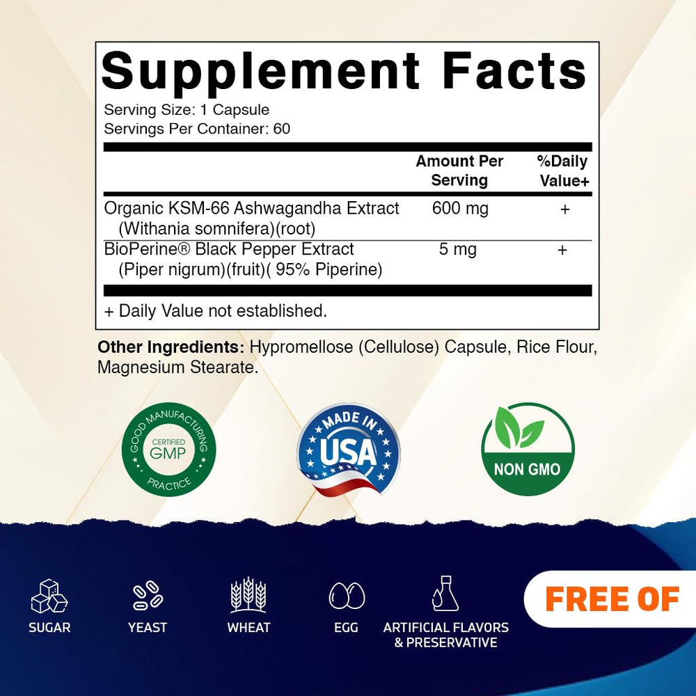 Vitamatic KSM-66 Ashwagandha capsules close-up shows pure veggie capsules for daily use.