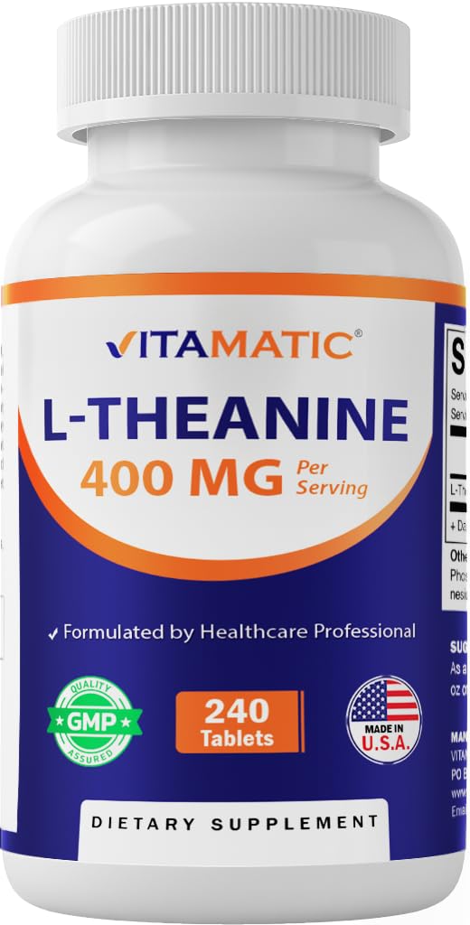 Vitamatic L-Theanine 400mg tablets in bottle for daily wellness routine.