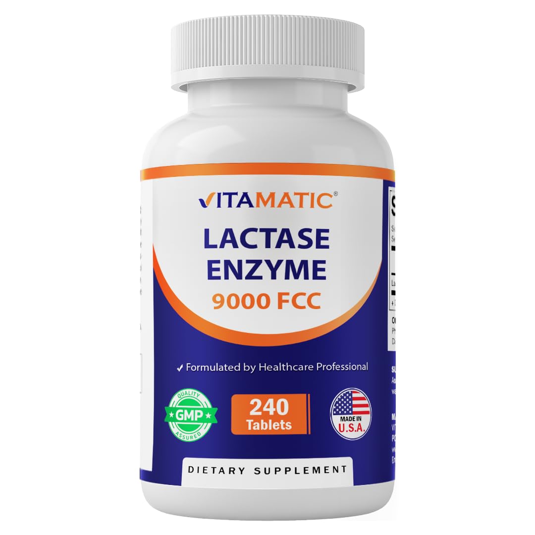 Vitamatic Lactase Enzyme 9000 bottle cap aids dairy digestion.