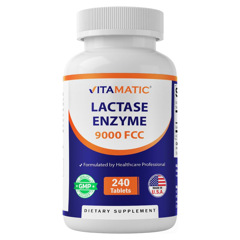 Vitamatic Lactase Enzyme 9000 bottle cap aids dairy digestion.