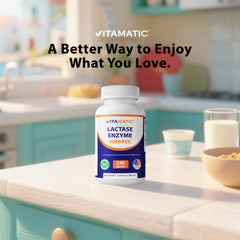 Vitamatic Lactase Enzyme 9000 packaging box with product details.