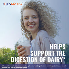 Front view of Vitamatic Lactase Enzyme 9000 packaging for quick identification
