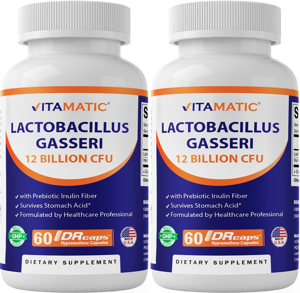 Vitamatic Lactobacillus Gasseri 12B CFU DR capsule bottle for digestive support.